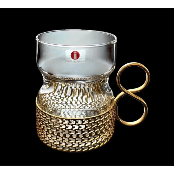 Set Of 2 Iittala Finland Tsaikka Glasses Metal Holder Timo Sarpaneva 8 oz - Picture 4 of 7